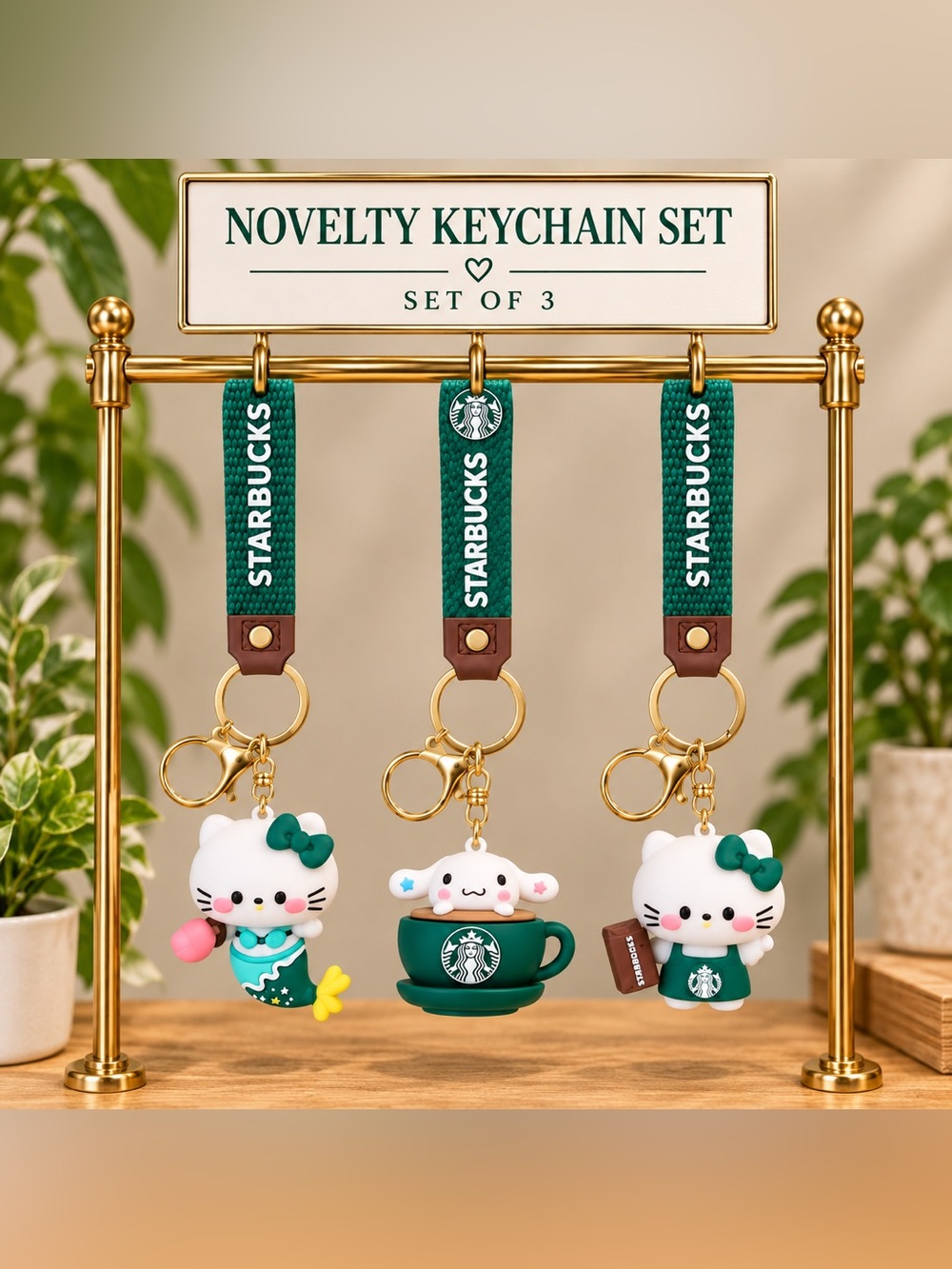 Green Coffee Shop-Inspired Kawaii Keychain Set of 3